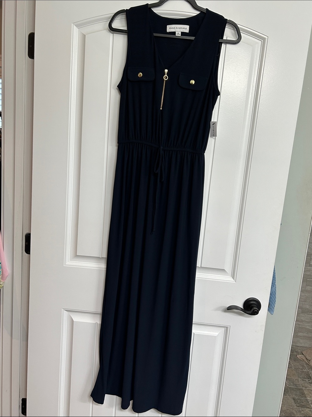 Emma & Michele Navy Sleeveless Maxi Dress NWT! Gold Zip Accents Size Medium